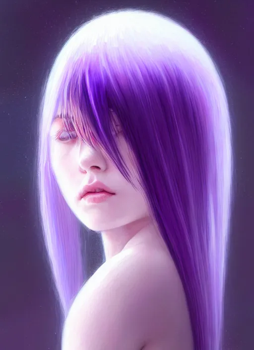 Image similar to hair whitebangs hair, black hair, whitebangs, portrait of teenage girl with white bangs, red irises, purple clothes, white bangs, bangs are different color from hair, intricate, elegant, glowing lights, highly detailed, digital painting, artstation, concept art, smooth, sharp focus, illustration, art by wlop, mars ravelo and greg rutkowski