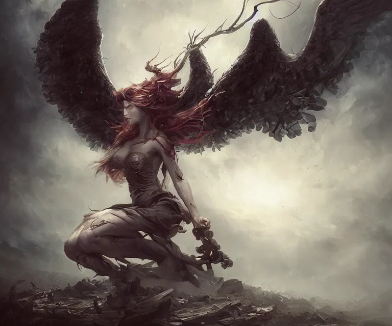 Prompt: a beautiful classical painting masterpiece of a fallen dark angel, horror, backlit, gloomy sky, highly detailed, by bastien lecouffe deharme and artgerm and dan mumford, vivid colors, detailed shading, 8 k resolution, intricate, smooth