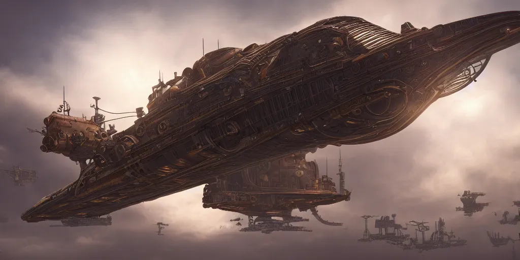 Image similar to steampunk spaceship hovering over fields and small houses, science fiction digital art, award winning, trending on artstation, digital art. highly detailed 8 k. intricate. lifelike.