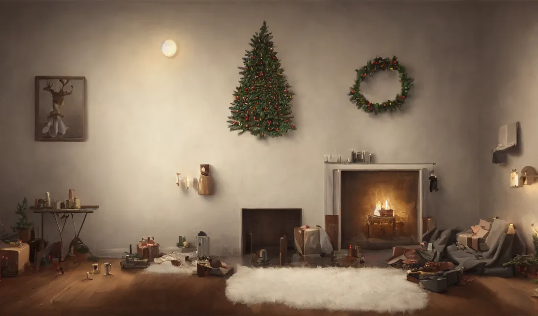 Image similar to a christmas eve photorealistic painting on the wall, ascher clemens, home, interior, octane render, deviantart, greg rutkowski, cinematic, key art, hyperrealism, canon eos c 3 0 0, ƒ 1. 8, 3 5 mm, 8 k, medium - format print