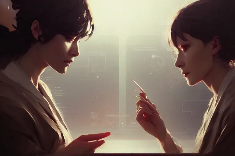 Prompt: portrait of two wise and very beautiful women discussing some texts appearing in a computer screen, art by guweiz and greg rutkowski, intricate, elegant, highly detailed, smooth, sharp focus, artstation