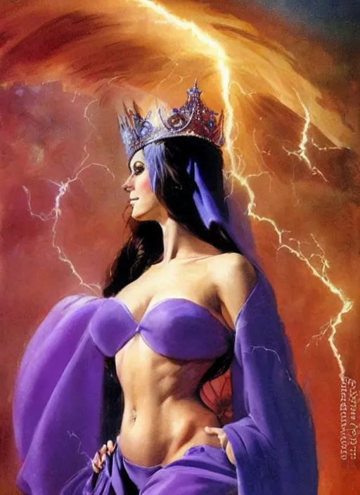 Prompt: portrait of mighty plump female sorceress, blue tiara, purple robe and veil, lightning halo, strong line, muted color, beautiful! coherent! by frank frazetta, by boris vallejo