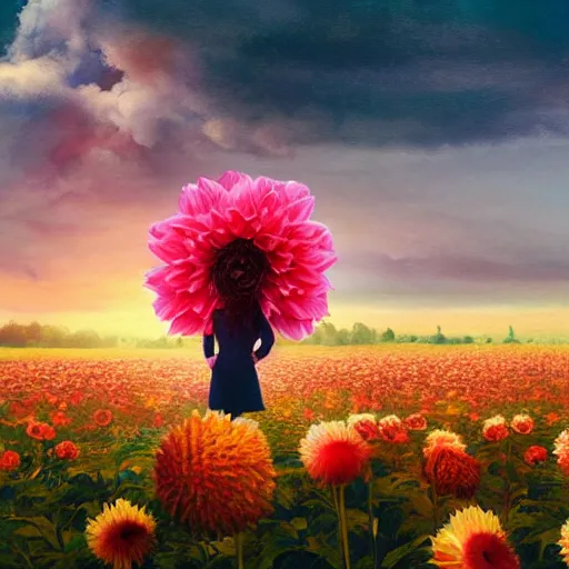 Image similar to giant dahlia flower head, full body girl standing in a flower field, surreal photography, sunrise, dramatic light, impressionist painting, colorful clouds, digital painting, artstation, simon stalenhag