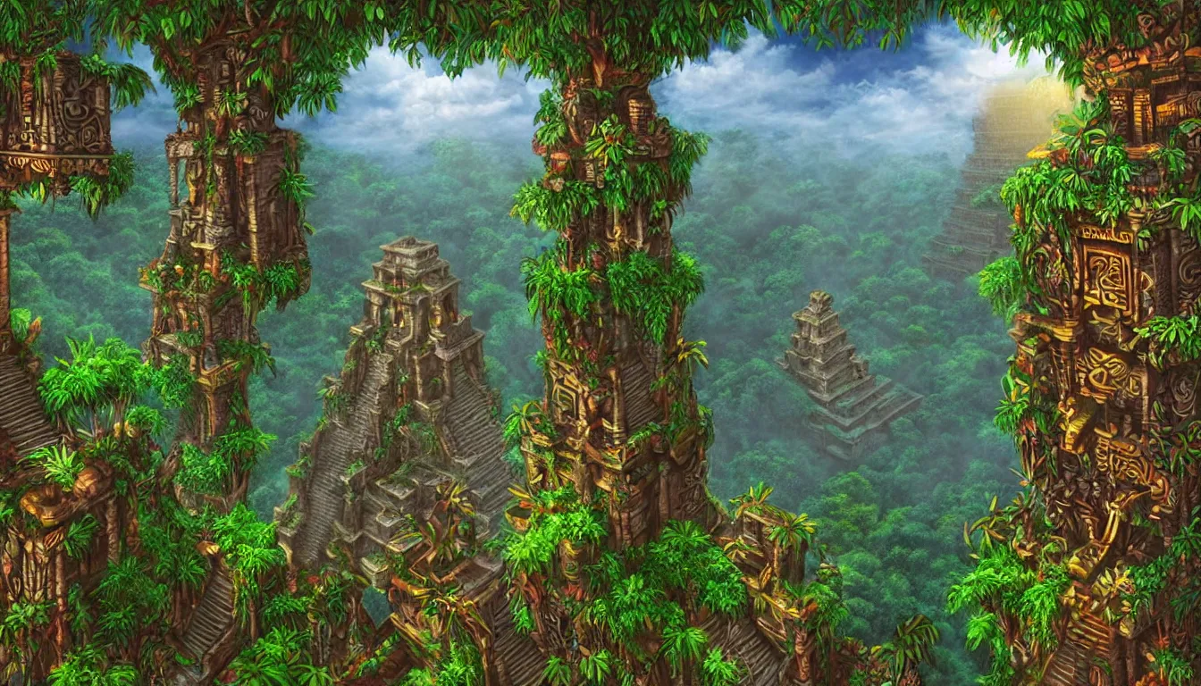 Image similar to way up the tower to the majestic ancient mayan temple jungle forest realm in the clouds , side-scrolling 2d platformer game level, swirling clouds, fantasy jungle vegetation, totem ruins with intricate mayan glyphs, dramatic dusk sun illuminates areas, volumetric light , detailed carved ornaments, rich color, upscale , 8k