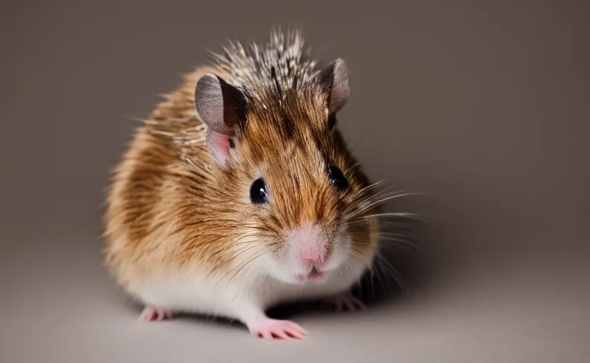 Prompt: studio photography of a king hamster with a crown and a coat, detailed face, cinematic lighting,, 8 k