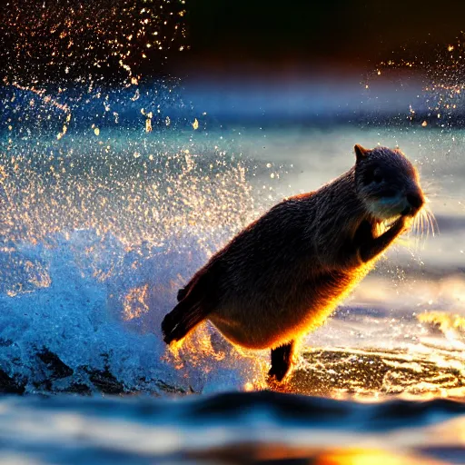 Image similar to a closeup photorealistic photograph of a cute kangaroo - otter hybrid splashing in the surf during sunset. professional capture, well lit shot. this 4 k hd image is trending on artstation, featured on behance, well - rendered, extra crisp, features intricate detail, epic composition and the style of unreal engine.