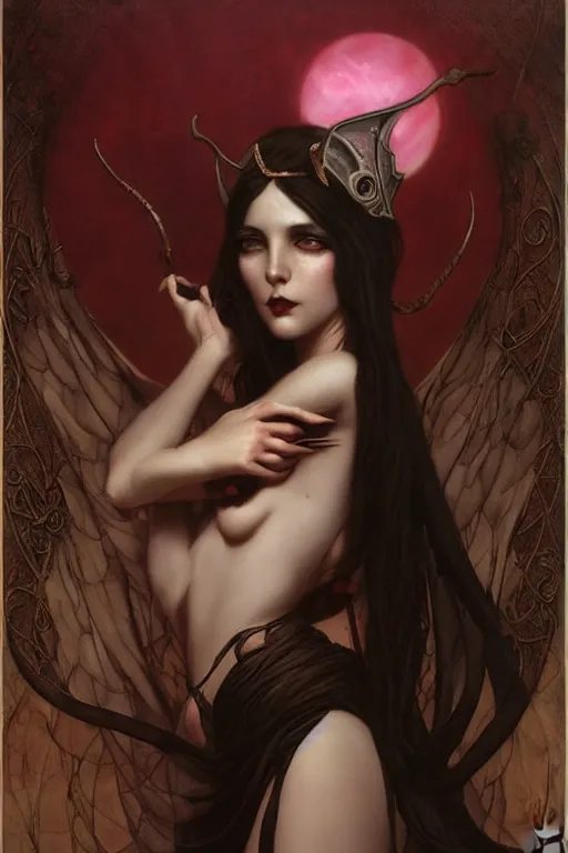 Prompt: Succubus by Tom Bagshaw in the style of Gaston Bussière, art nouveau