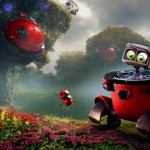 Prompt: promotional movie still, ladybugs, ladybug quadruped with big rgb eyes, ladybug hobbits, ladybug robots, space western, the fellowship of the ring ( film ), wall - e ( film )