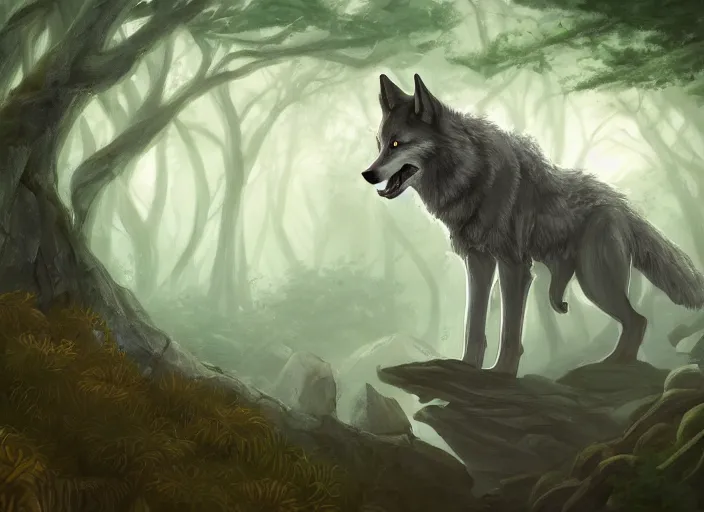 Prompt: a wolf is lurking behind the bushes on a path leading to a mystical forest full of wonders, pine trees, magical atmosphere, trending on artstation, 30mm, by Noah Bradley trending on ArtStation, deviantart, high detail, stylized portrait H 704