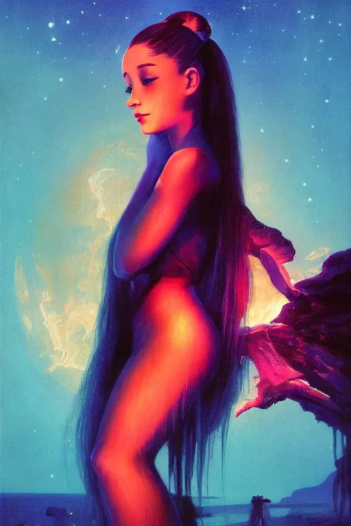 Image similar to ariana grande, art by bruce pennington, trending on artstation, bioluminescence closeup view illustrator, american romanticism, very very elegant, 4 k hd, bauhaus