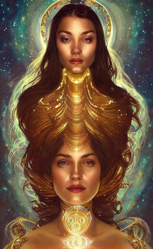 Image similar to portrait of a cosmic goddess, suit made out of stars and galaxies and cosmic energy, intricate, headshot, highly detailed, digital painting, artstation, concept art, sharp focus, cinematic lighting, illustration, art by artgerm and greg rutkowski, alphonse mucha, cgsociety