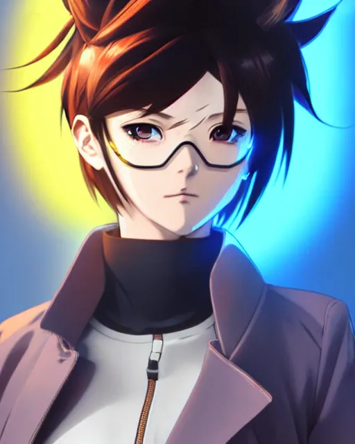 Prompt: Anime as Tracer Overwatch wearing leather-coat; wearing snowmask || cute-fine-face, pretty face, realistic shaded Perfect face, fine details. Anime. realistic shaded lighting poster by Ilya Kuvshinov katsuhiro otomo ghost-in-the-shell, magali villeneuve, artgerm, Jeremy Lipkin and Michael Garmash and Rob Rey as Overwatch Tracer cute smile