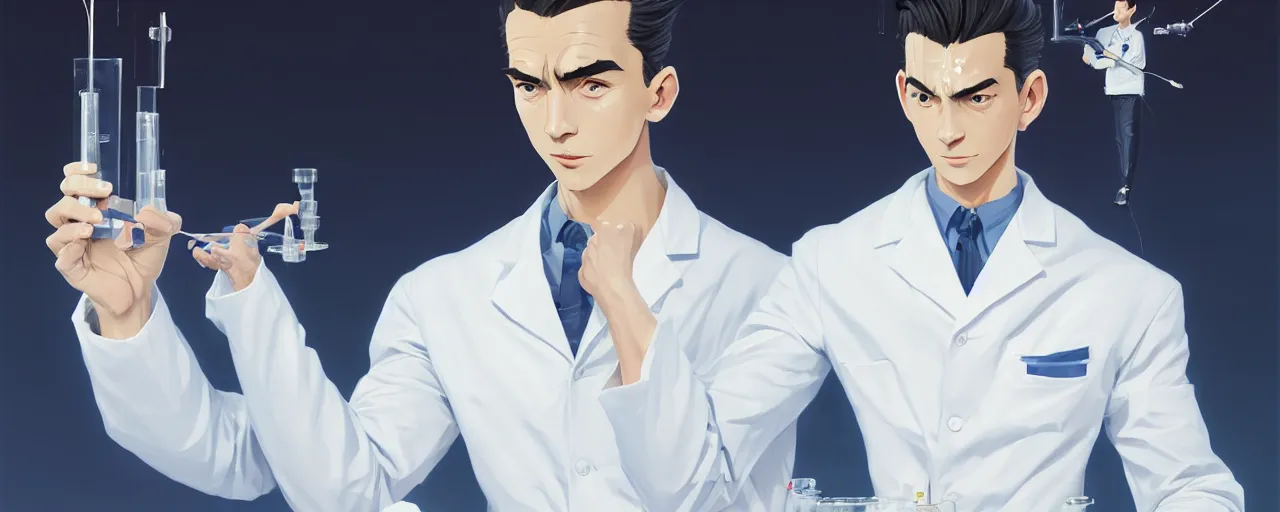 Image similar to stoic heroic emotionless butch young man scientist with short slicked - back hair, making an experiment - wearing white suit, wearing jetpack, digital art, solid white background, behance hd by jesper ejsing, by rhads, makoto shinkai and lois van baarle, ilya kuvshinov, rossdraws global illumination.