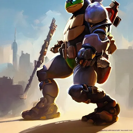 Image similar to greg manchess portrait painting of armored teenage mutant ninja turtles as overwatch character, medium shot, asymmetrical, profile picture, organic painting, sunny day, matte painting, bold shapes, hard edges, street art, trending on artstation, by huang guangjian and gil elvgren and sachin teng