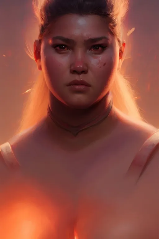 Image similar to portrait of a beautiful chonky young female warrior in the middle of a fight as drawn by eric anthony johnson ericanthonyj artstation artgerm greg rutkowski and magali villeneuve 8 k subsurface scattering, soft light