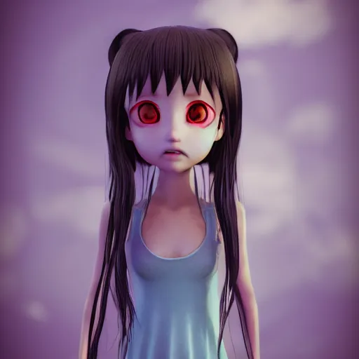 Prompt: Manga cover portrait of an extremely cute and adorable beautiful Samara horror girl from The Ring (2002), 3d render diorama by Hayao Miyazaki, official Studio Ghibli still, color graflex macro photograph, Pixiv, DAZ Studio 3D