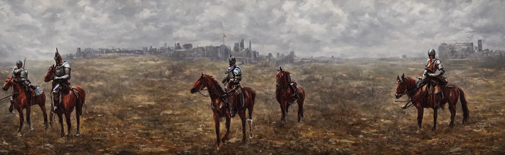 Prompt: horseback knights at scenic overlook; cloudy, grey skies, tents close, walled fortress city of deteriorating office buildings in background on hill, post apocalyptic, grungy; oil on canvas, artstation, colorful