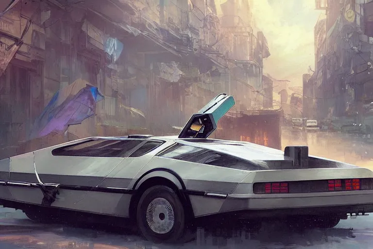 Image similar to photograph of the delorean, with a sleek spoiler, driving down the streets of a cyberpunk abandoned city, by greg rutkowski, by stanley artgerm, by alphonse mucha