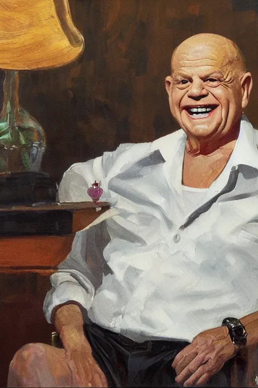 Prompt: portrait of laughing don rickles seated behind a table, oil painting by wilson mclean, sharp focus, masterpiece, highly detailed