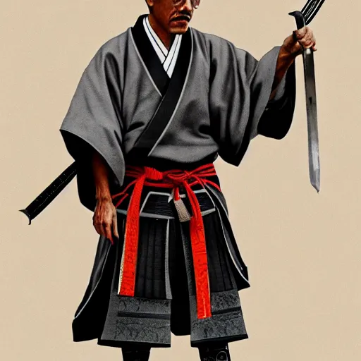 Image similar to gustavo fring from breaking bad wearing samurai armor and holding a katana in feudal japan, 4 k, hyper realistic, ink block painting, edo period