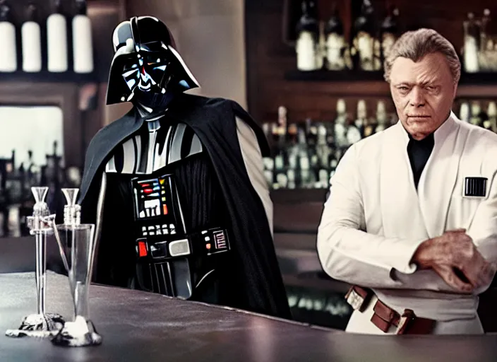 Image similar to film still of Darth Vader working as a bartender in the new Star Wars movie, 4k