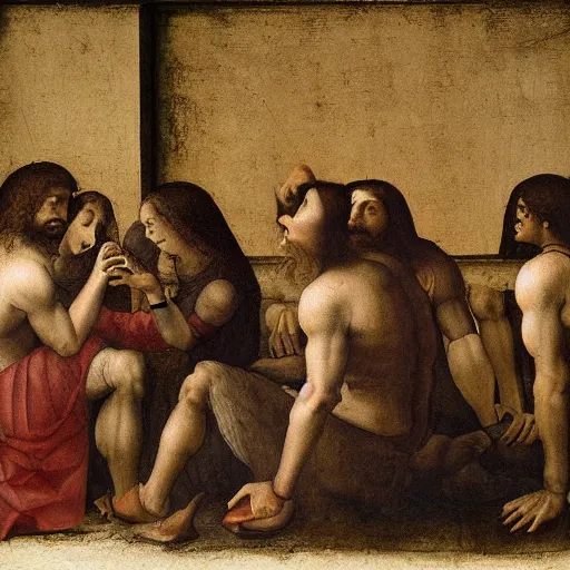 Image similar to detailed painting of students suffering in university by leonardo da vinci