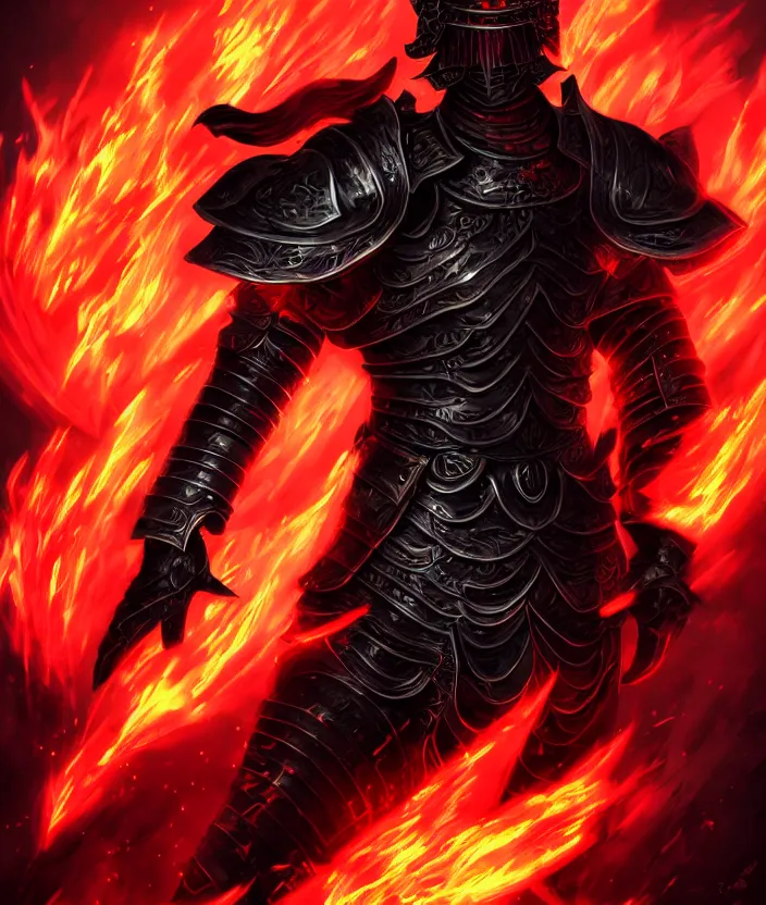 Image similar to a detailed manga character illustration of a dark warrior in black plated armour surrounded by red flames, trending on artstation, digital art, 4 k resolution, detailed, octane render, high quality, sharp focus, hq artwork, insane detail, concept art, character concept, character illustration, full body illustration