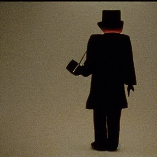 Prompt: a film still of a man holding a cane wearing a black suit with a black bowler hat with a robotic face in Lost Highway(1997)