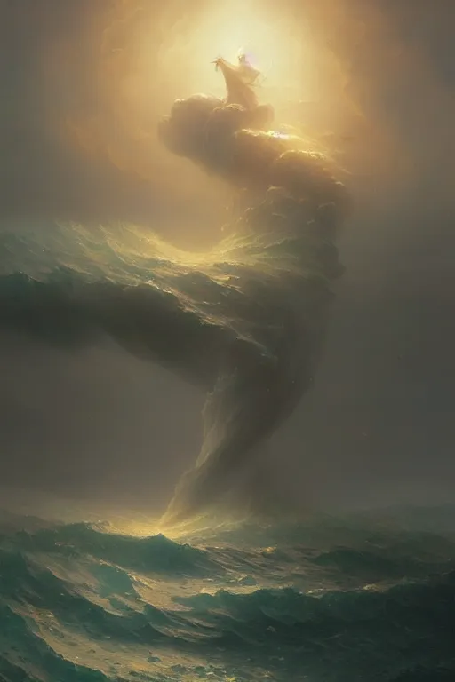 Image similar to A stunning detailed water deity by Ivan Aivazovsky, Peter Mohrbacher , Greg Rutkowski, stormy ocean, beautiful lighting, full moon, detailed swirling water tornado, artstation