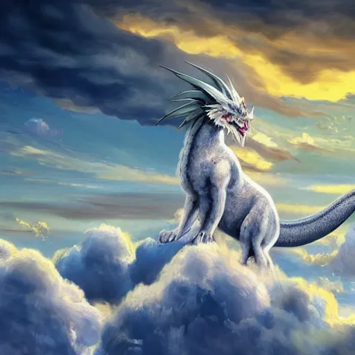 Prompt: white Luck dragon sitting on the cumulous and cirrostratus clouds, symmetrical, playing an ornate harp, never ending story, hyper realistic fur, illustration, concept art, artstation, yellow lighting from right, sunset, reflections, heartwarming, peaceful, 4k, art of ILM, style of trending artstation, by Eugène Delacroix, John Constable, J M W Turner, Romanticism