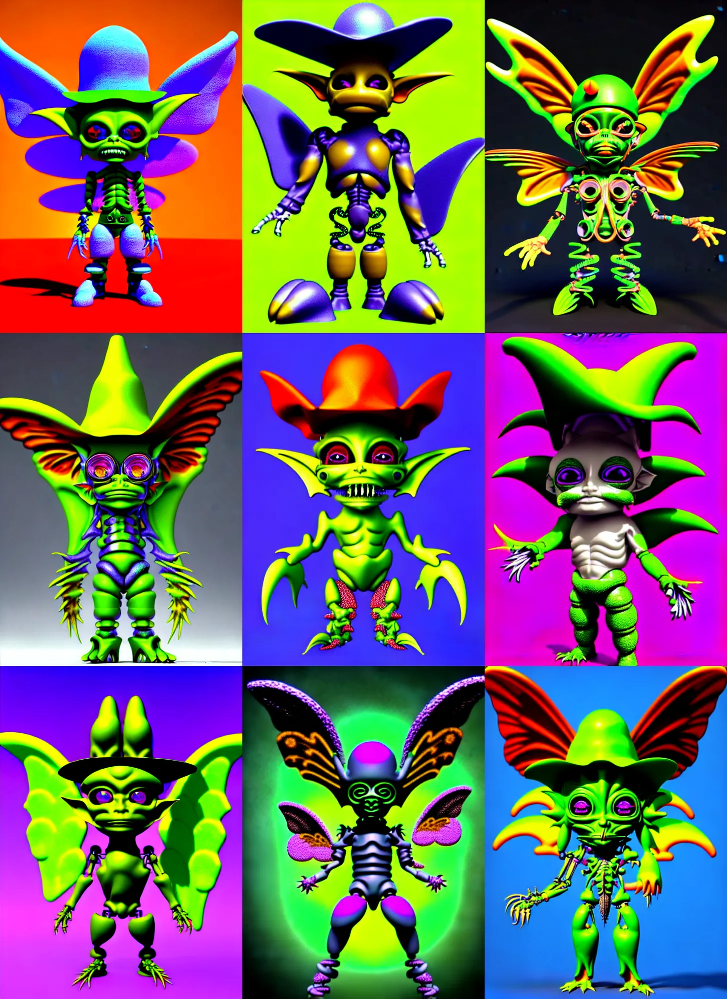 Prompt: 3 d silicon graphics render of chibi cyborg goblin by ichiro tanida wearing a big cowboy hat and wearing angel wings against a psychedelic acid background with rendered butterflies and rendered flowers in the style of early three dimensional computer graphics 3 d rendered y 2 k aesthetic