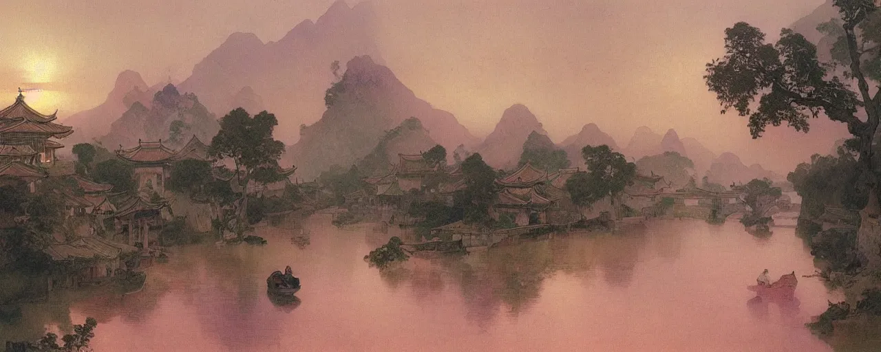 Image similar to a beautiful painting of an ancient chinese town nearby a small river in the evening by alfons maria mucha and ivan aivazovsky, ultra detailed, volumetric lighting, pink vibe