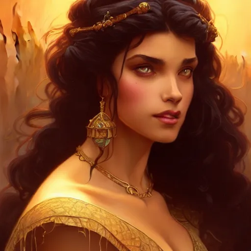 Image similar to Esmeralda from the Hunchback of Notre Dame, fantasy, intricate, elegant, highly detailed, digital painting, artstation, concept art, matte, sharp focus, illustration, art by Artgerm and Greg Rutkowski and Alphonse Mucha