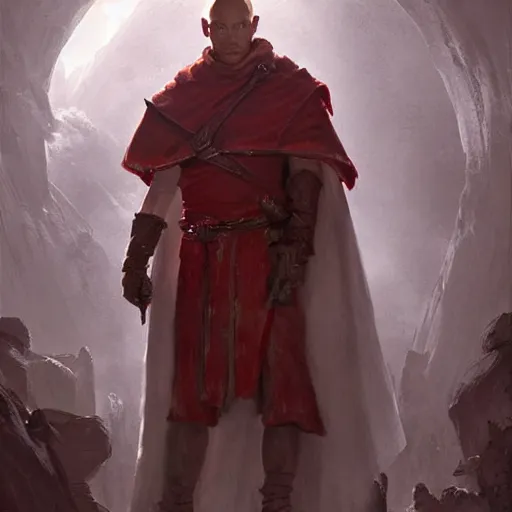 Prompt: a portrait of a red - skinned dragonborn monk in a plain white cloak white cloak, holding a spear with a black tip, fantasy art by greg rutkowski