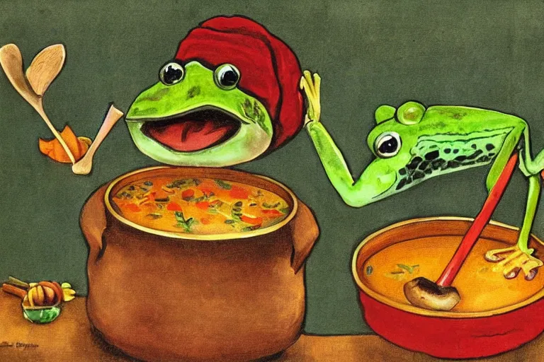 Image similar to frog cooking a pot of stew, folk art, childrens book illustration