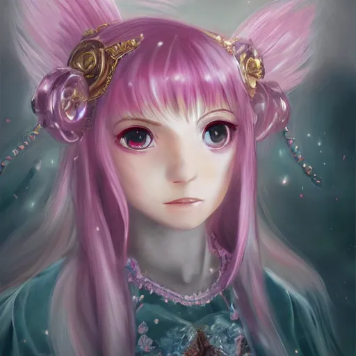 Prompt: Puella Magi Madoka Magica concept art, anime portrait of a beautiful magical girl, digital painting, elegant dress, intricate, bow, super detailed face and eyes, WLOP, Tran Ross, illustration, artgerm, trending on artstation, trending on pixiv, hyperdetailed, Unreal Engine 4k, 8k, ultra HD