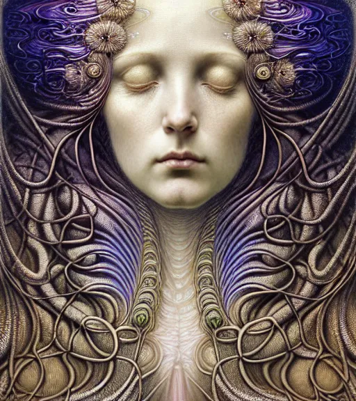 Prompt: detailed realistic beautiful iridescent goddess face portrait by jean delville, gustave dore, iris van herpen and marco mazzoni, art forms of nature by ernst haeckel, art nouveau, symbolist, visionary, gothic, neo - gothic, pre - raphaelite, fractal lace, intricate alien botanicals, biodiversity, surreality, hyperdetailed ultrasharp octane render