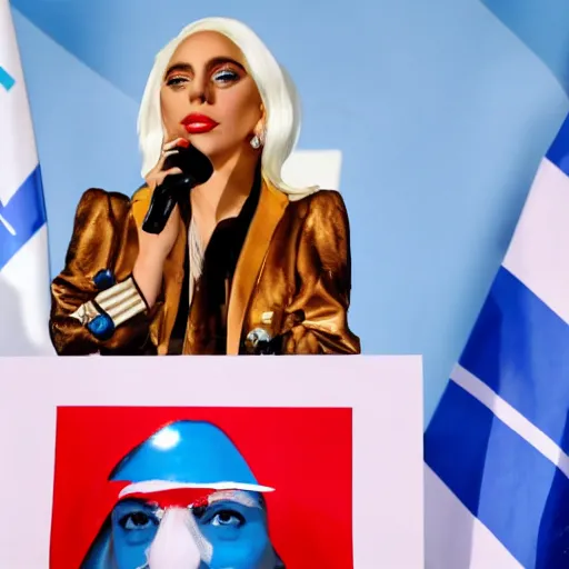 Image similar to Lady Gaga as president, Argentina presidential rally, Argentine flags behind, bokeh, giving a speech, detailed face, Argentina