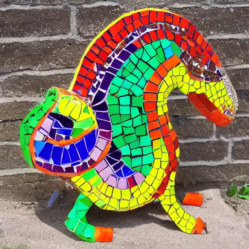 Image similar to mosaic sculpture of a alebrije chimera!!!, irregularly shaped mosaic tiles, hand glazed pottery shards, in the style of folk art, in a cottagecore flower garden