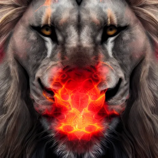 Prompt: anonymous lion face, sunny weather, closeup of face, trending on artstation, volumetric lighting, face encircled by fire, crimson - black color scheme
