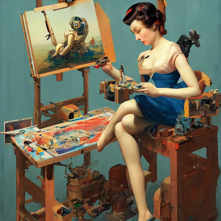 Image similar to robot artist painting a self - portrait on a canvas. intricate, highly detailed, digital matte painting, in the style of sachin teng, and in the style of hans thoma, and in the style of gil elvgren. irony, recursion, inspiration.