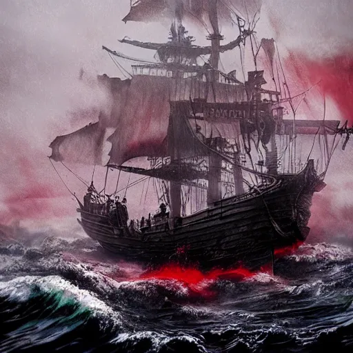 Image similar to A pirate ship sailing through a sea of blood, detailed, cloudy, foggy, lights, realistic,