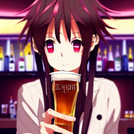 Image similar to Masculine looking anime girl at a bar drinking a beer, warm glow from the lights, angle that looks up at her from below, deviantart, pixiv, detailed face, smug appearance, beautiful anime, obviously drunk with reddish cheeks, detailed anime eyes with pupils, in the style of Demon Slayer