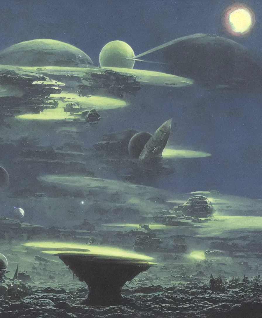 Prompt: A giant starship hovering over a lifeless dark planet surface surrounded by dust clouds. Troops on the surface are watching the spectacle. Detailed matte painting by Michael Whelan, Bruce Pennington, Karel Thole, David Schleinkofer and Vincent di Fate using subdued blue and green color tones.