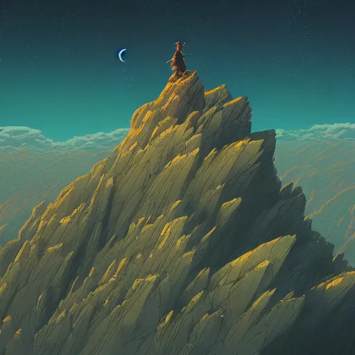 Prompt: a lonely shadow standing on top of a mountain with dark clouds, by Victo Ngai and James Gilleard and Bruce Pennington, Sung Choi, 8k photorealistic, cinematic lighting, HD, high details, dramatic, dark atmosphere, trending on artstation, sunshaft, Raytracing, Holographic