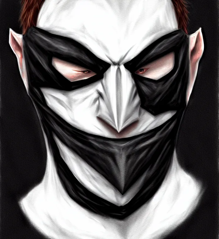 Image similar to white man with black fabric mask, short dark hair, true anatomy!, digital painting, style of lord of the ring!!!