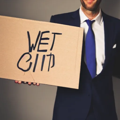 Image similar to man wearing a suit holding up a cardboard sign