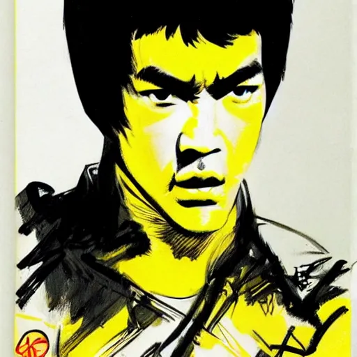 Prompt: Bruce Lee wearing a yellow jumpsuit by Yoji Shinkawa and Ashley Wood