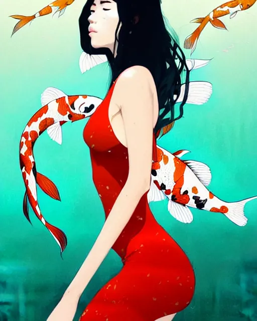 Image similar to a ultradetailed beautiful panting of a stylish woman surrounded by floating koi fish, by conrad roset, greg rutkowski and makoto shinkai, trending on artstation