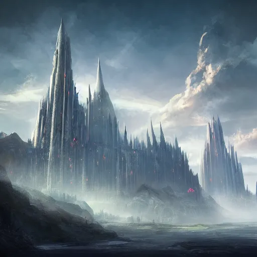 Image similar to beautiful illustration of a beautiful painted of the two towers, science fiction, 4 k detailed, crystal lighting, highly detailed, hyperrealistic, unreal engine